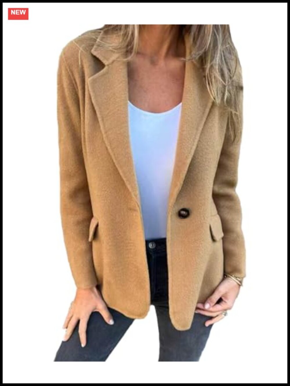 Wool Blend Notch Lapel Single Button Blazer Open Front Business Work Jacket